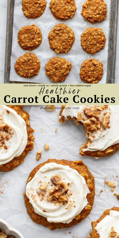 Carrot Cake Cookies Healthy, Carrot Cake Cookie Recipe, Healthy Carrot Cake Cookies, Carrot Cake Bread Recipe, Carrot Oatmeal Cookies, Healthier Carrot Cake, Healthy Cookies Recipes, Whole Wheat Carrot Cake, Health Cookies