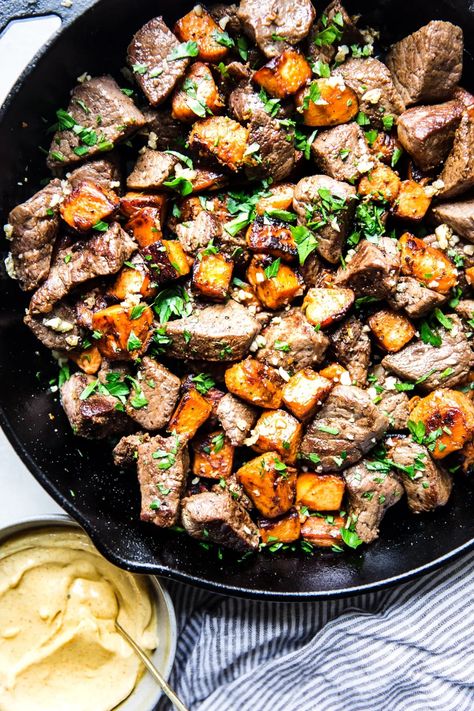 Steak Bites With Sweet Potatoes, Curry Aioli, Beautiful Recipes, Sweet Potatoe Bites, Modern Proper, Italian Sausage Soup, One Pot Dinners, Potato Bites, Cooking Sweet Potatoes