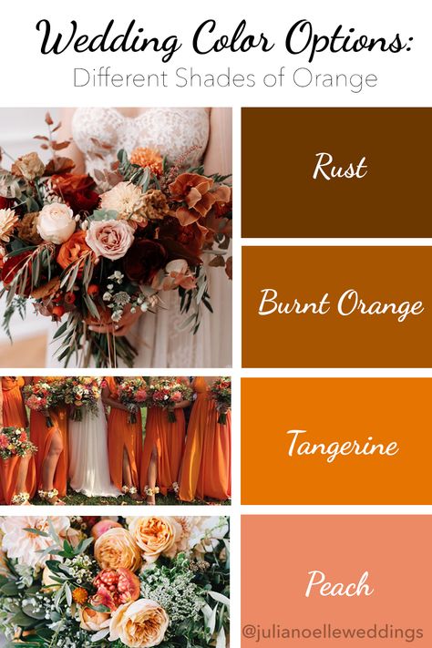 Shades of Orange Wedding Color Options: rust, burnt orange, tangerine, peach wedding colors and wedding photos Orange Color Schemes Wedding, Orange Colour Scheme Wedding, Wedding Inspiration Unique, Fall November Wedding, Fall Orange Wedding Colors, Wedding Themes November, Terracota Spring Wedding, Wedding Color Orange, Wedding Themes Orange