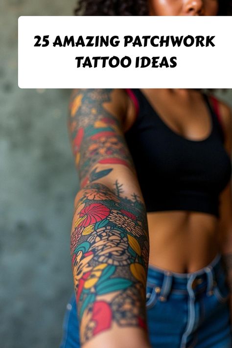 25 Amazing Patchwork Tattoo Ideas Black Women Patchwork Tattoos, Back Tattoo Filler Ideas, Mandala Patchwork Tattoo, Cool Artsy Tattoos, Tattoo Ideas Gender Neutral, Large Minimalist Tattoo, Old School Tattoo Sleeve Women, Wraparound Tattoo Forearm, Pretty Sleeve Tattoos