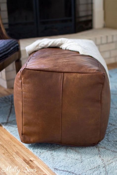 Leather Pouf Ottoman - Melly Sews Diy Poofs Ottoman, Diy Leather Ottoman, Diy Pouf Ottoman, Pouf Ottoman Diy, Leather Pouffe, Leather Poof, America Wedding, Ottoman Square, Leather Bedroom