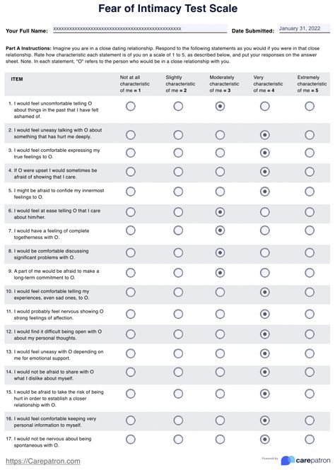 Fear of Intimacy Test & Example | Free PDF Download Social Communication Disorder, Counseling Worksheets, Self Esteem Worksheets, Antisocial Personality, Burnout Recovery, Common Fears, Mental Health Crisis, Practice Management, School Readiness