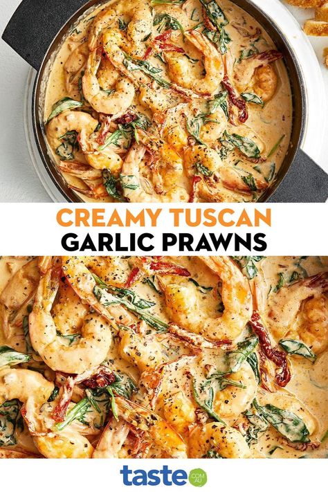 Prawn And Fish Recipes, Tuscan Prawn Pasta, Creamy Prawns Recipe, Italian Prawn Pasta, Garlic Prawns Pasta, Italian Prawn Recipe, Pasta Prawn Recipe, Prawn Dishes Recipes, Best Prawn Recipes