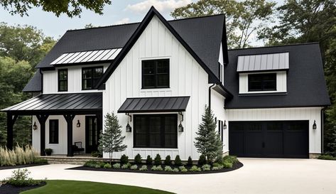 White House Black Trim Exterior, Black And White Exterior House, Trim Exterior House, Black Trim Exterior, Black And White House Exterior, Black Trim Exterior House, House Black Trim, White House Black Trim, Barn Dominium Houses