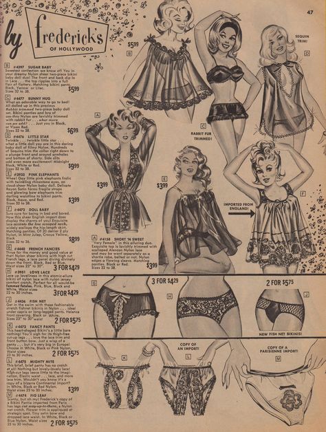 https://flic.kr/p/6zHqov | By Frederick's | Page 47 of a 1964 Frederick's of Hollywood catalog. Vintage Fredericks Of Hollywood Ads, 50s Catalog, Pajama Ideas, Packaging Prints, Frederick’s Of Hollywood, Feminine Energy Aesthetic, Vintage Ootd, Fashion Illustration Vintage, Vintage Stockings