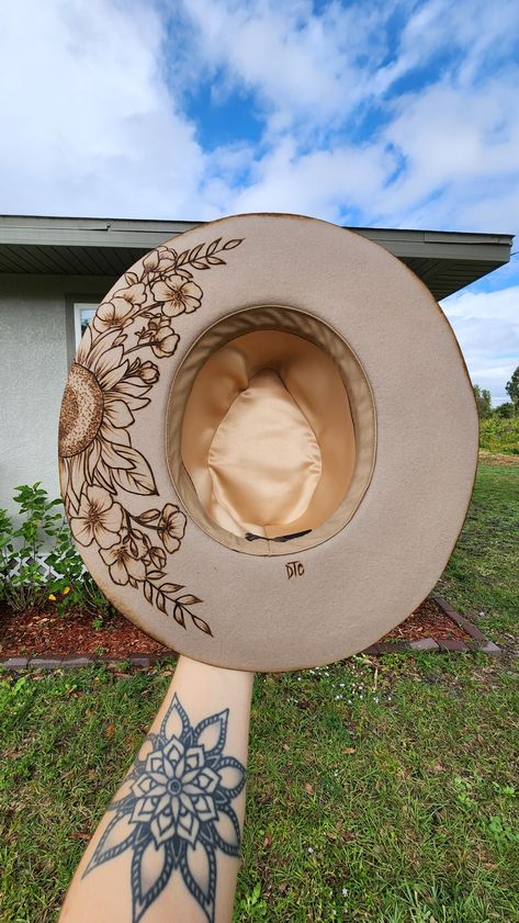 Felt Burnt Hats, Burned Wedding Hat, Felt Hat Pyrography, Woodburning Felt Hat, Painted Western Hat, Wide Brim Western Hat, Branded Cowgirl Hat, Wood Burning On Felt Hats, Woodburning On Hats