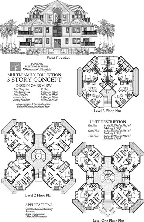 Online House Plan: 8130 sq. ft., Bedrooms, Baths, Commercial Collection (COMM-Multi-Family-Residence-3-Story-10-Units-Floor-Plan) by Topsider Homes Hotel Floor Plan, Hotel Floor, Two Story House Plans, Mansion Floor Plan, Architectural Floor Plans, Sims House Plans, House Layout Plans, Apartment Plans, Family House Plans