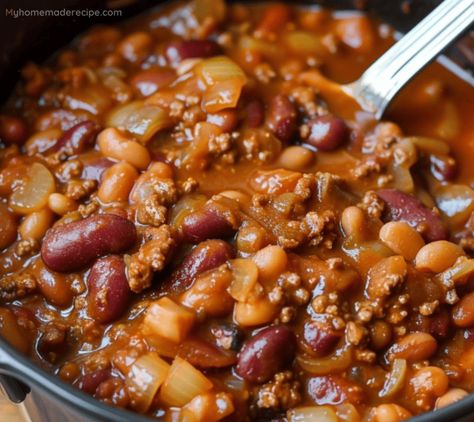 Cowboy Beans Recipe - Hearty and Flavorful - My Home Made Recipe Cowboy Beans Recipe, Cowboy Chili Recipe, Lemon Creme Cake, Cowboy Baked Beans, Beans With Bacon, Cowboy Beans, Applewood Bacon, Pork N Beans, Baked Bean Recipes