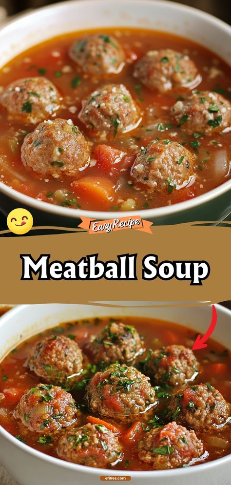 Warm up with a bowl of hearty meatball soup, loaded with juicy meatballs, tender vegetables, and a savory broth that will comfort you on the chilliest days. #SoupSeason #MeatballSoup #ComfortFood Meatball Beef Stew, Soup Recipes Meatball, Dutch Meatball Soup Recipes, Tuscan Meatball Soup, Spicy Meatball Soup, Italian Meatball Soup Crockpot, Meatballs Soup Recipes, Meatball Soup Recipes Easy, Crockpot Meatball Soup