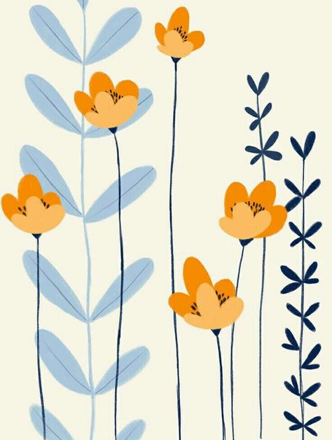 Floral design in orange and blue Easy Flower Illustration, The Power Of Flowers, Diy Flower Drawings, Garden Cute Drawing, Garden Pattern Illustration, Simple Flower Mural Wall Paintings, Flower Power Illustration, Leaves Illustration Pattern, Procreate Flower Drawing