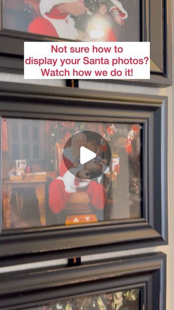 The Davis Real Estate Group on Instagram: "How do you display your Santa photos? We find that it can be hard to clear off surfaces for extra frames at Christmas with all the other collections of items that we want to display during the holidays. We’ve been hanging out Santa photos on the wall the last few years. All you need is ribbon, a staple gun and a frame for each photo. We line up the photos to estimate how much ribbon we’ll need. Then we use about 4 staples per frame. We use a single nail but we like to add a couple Command strips just to keep everything safe against the wall. We have them in our kitchen so we can enjoy them in a space we are often in! How do you display your photos?? Show us in the comments!! #tdreg #thedavisreg #thedavisrealestategroup #santaphotos" Holiday Photo Display Ideas, Santa Pictures Display Yearly, How To Display Santa Pictures, Displaying Christmas Photos, Santa Photo Display, Santa Photo Display Ideas, Displaying Santa Pictures, Display Santa Photos, Santa Picture Display Ideas