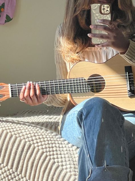 Guitar girl vibes Ukelele vibes Music aesthetic #guitar #guitargirl #guitaraesthetic Gutair Aesthetic Acoustic, Guitar Poses Aesthetic, Guitar Asethic, Music Obsession Aesthetic, Cute Guitar Aesthetic, Guitar Pics Aesthetic, Aucostic Guitar Aesthetic, Girl With Guitar Aesthetic, Learning Guitar Aesthetic