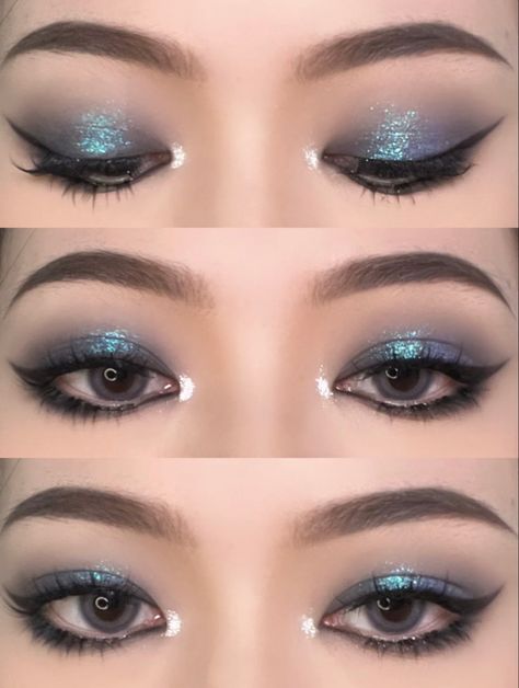 Blue Makeup Prom Looks, Dark Blue Sparkly Makeup, Aquamarine Makeup Looks, Smokey Blue Makeup, Navy Blue Douyin Makeup, Blue Eyeshowdow Looks, Blue Ethereal Makeup, Blue Eye Makeup Hooded Eyes, Blue Outfit Makeup Ideas