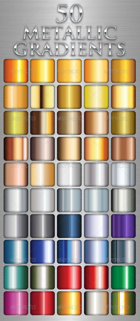 50 Metallic Gradients  #GraphicRiver         50 metallic gradients: easy to load ,and very useful for stroke creating,when you create your own styles you can add this realistic metal gradients on them.gold,copper,silver,chrome and more     Created: 28October13 Add-onFilesIncluded: PhotoshopGRD Tags: black #blue #bronze #cooper #effect #gold #gradient #green #light #metal #metallic #pearl #satine #shiny #style #text #white Metal Color Palette, Metallic Color Palette, Photoshop Illustration Tutorial, Art Deco Borders, Adobe Illustrator Design, Gold Gradient, Background Design Vector, Indesign Templates, Silver Chrome