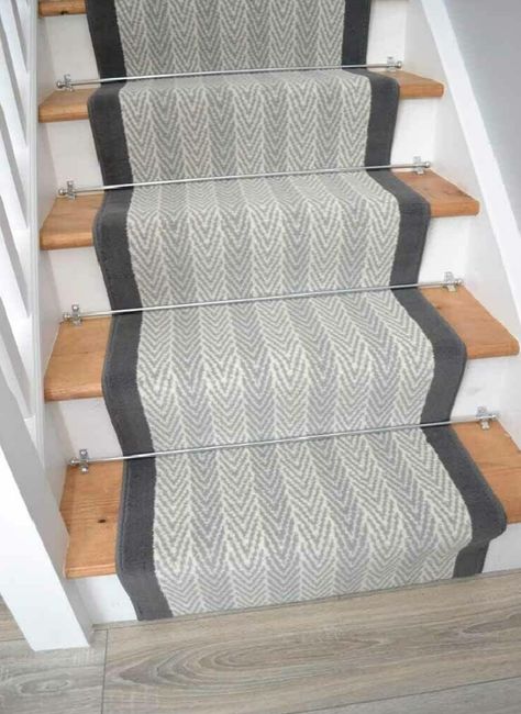 Herringbone Carpet Stairs, Herringbone Carpet, Runner Stairs, Grey Stair Carpet, Long Narrow Hallway, Stairway Carpet, Grey Hallway, Hall Flooring, Carpet Stores