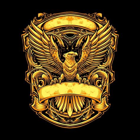 The gold eagle with ornament illustratio... | Premium Vector #Freepik #vector #bald-eagle #eagle #hawk #falcon Falcon Logo Design, Unity Drawing, Eagle Logo Design, Vip Design, Editing Logo, Philippine Eagle, Ornament Illustration, Chinese Dragon Art, Cricket Logo