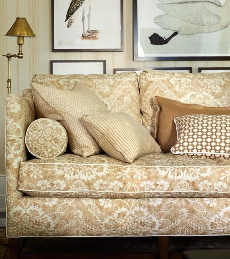 casual damask in a Mark Sikes fabric.  A Designer’s Secret For Mixing Fabric Patterns In A Room Latest Sofa Designs, Countryside Cottage, Printed Sofa, Beige Living Rooms, Corner Sofa Set, Beige Sofa, Room Color Schemes, Sofa Upholstery, Elegant Living Room