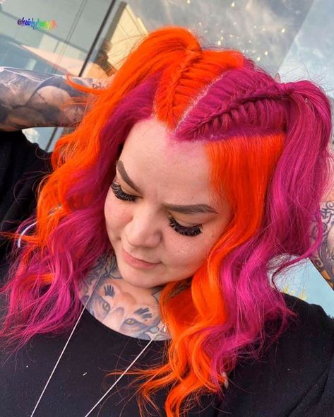 Pulp Riot Hair Color Formulas, Orange Pink Hair, Halloween Hair Color Ideas, Halloween Hair Color, Pink And Orange Hair, Hair Color Placement, Exotic Hair Color, Color Block Hair, Vivid Hair