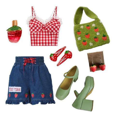 Summer Idol Outfit, Strawberry Coquette Outfit, Strawberrycore Aesthetic Outfits, Cute Strawberry Outfit, Y2k Cottagecore Outfits, Strawberrycore Outfits, Strawberry Outfit Ideas, Indie Core Outfits, Strawberry Inspired Outfit