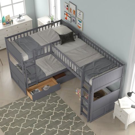 Euroco Wood Bunk Bed Storage, Twin-over-Twin-over-Twin for Children's Room, Gray - Walmart.com Upper Bunk Bed Ideas, 3beds In One Room, Bunk Bed For Two Kids, Triple Beds For Small Room, 3 Bunk Beds In One Room, Kids Room 2 Beds, 3 Bunk Beds Small Spaces, 3 Children Bedroom, Bunk Bed For Small Room