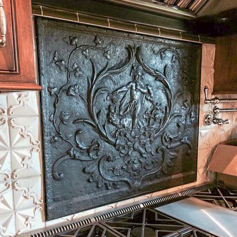 Stove Backsplash Ideas Farmhouse, Fireback Backsplash, Goodman House, Behind Stove Backsplash, Metal Backsplash Kitchen, Stove Decor, Backsplash Mural, Goth Kitchen, Fremont California