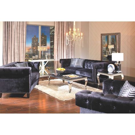 Black Living Room Set, Black Loveseat, Black Velvet Sofa, Black Furniture Living Room, 3 Piece Living Room Set, Velvet Living Room, Sofa And Loveseat Set, Black Living Room, Tufted Sofa