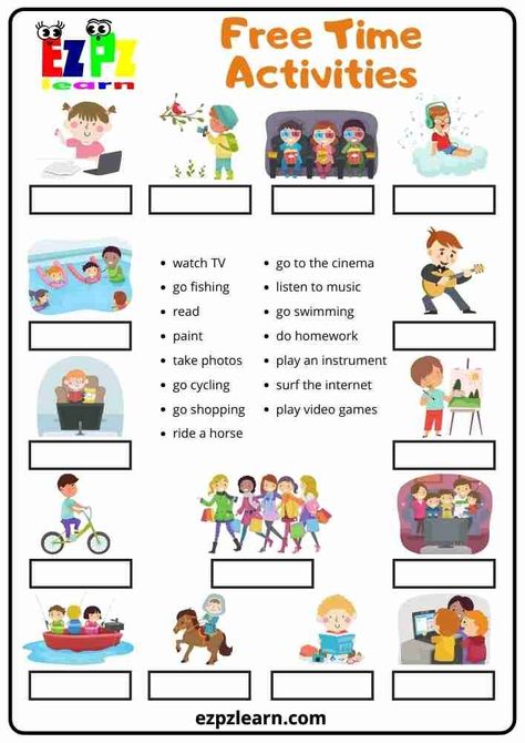 Freetime Activities Worksheet, Esl Primary School Activities, Free Time Activities Worksheets, Worksheet Activities For Kids, English Class Activities, Esl Activities For Kids, Activities Worksheets For Kids, Games Worksheet, Activities In English