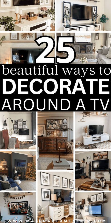 How To Decorate Around A TV (25 Beautiful Ideas To Recreate Now) Decorating Around A Mounted Tv, Tv Wall Decoration Ideas, Decor For Sides Of Tv, Decorating An Entertainment Center, Where To Place Tv In Living Room, Decor Beside Tv On Wall, Decor On Tv Wall, Decorate Tv Stand Living Rooms, Wall Decor Beside Tv