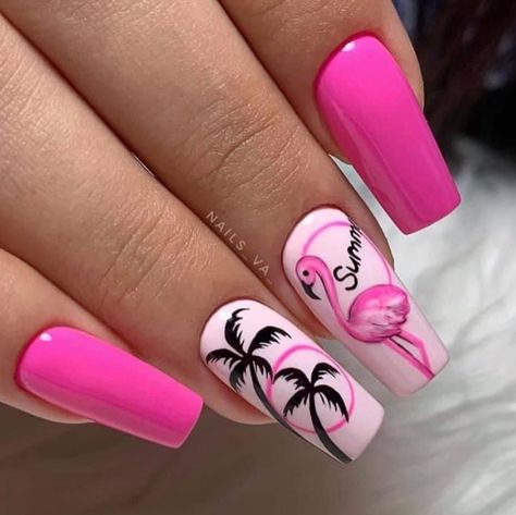 Hawaiian Nails, Palm Nails, Flamingo Nails, Tropical Nails, Fancy Nails Designs, Vibrant Nails, Beach Nails, Nail Art Summer, Fancy Nails