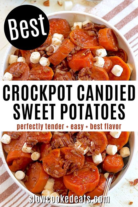 These crockpot candied sweet potatoes take a classic holiday side dish and make it super easy! Fresh sweet potatoes are layered with pecans, then slow cooked in a wonderful syrupy blend of sugar, orange juice, vanilla, and spices until they are fork tender. Finish off with a sprinkling of mini marshmallows - and voila - the perfect holiday side dish recipe! Crockpot Holiday Recipes, Slow Cooker Holiday Recipes, Candied Sweet Potato Recipes, Slow Cooker Candy, Crock Pot Sweet Potatoes, Crockpot Side Dishes, Sweet Potato Thanksgiving, Sweet Potato Pecan, Slow Cooker Sweet Potatoes