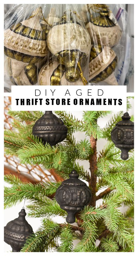 Antique Style Christmas Tree, Goth Christmas Trees, How To Make Ornaments Look Vintage, Rusty Christmas Decor, Woodland Christmas Ornaments Diy, Rub N Buff Ornaments, Thrift Christmas Decor, Diy Victorian Christmas Ornaments, Upcycled Thrift Store Finds