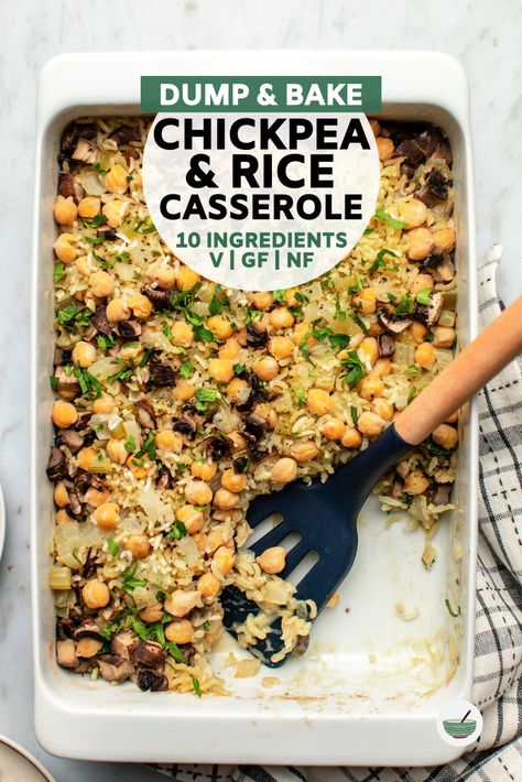 This dump-and-bake Chickpea & Rice Casserole is easy AND delicious! Made from only 10 plant-based ingredients, it delivers big flavor with minimal effort. Perfect for meal prep or a weeknight dinner! Minimal Ingredient Vegan Recipes, Chickpea Meals Easy, Rice Based Casseroles, Vegan Chickpea And Rice Recipes, Chickpea Casserole Vegan, Plant Based Sunday Dinner Ideas, 10 Min Vegan Meals, Chickpea Casserole Recipes, Plant Based Woman Warrior Recipes