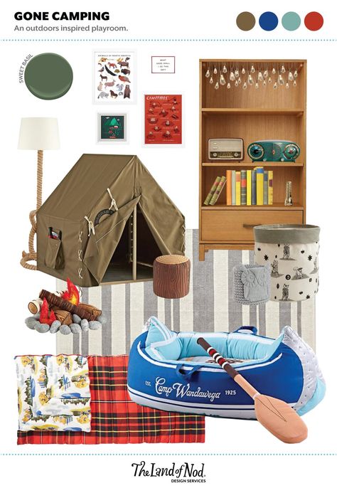 Campfire Bedroom Ideas, Camping Inspired Bedroom, National Parks Playroom, Camp Themed Playroom, Kids Camping Bedroom, Camping Nursery Theme Gender Neutral, Park Ranger Nursery, Outdoorsy Boys Room, Camping Kids Room