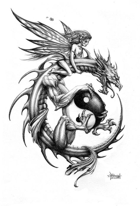 Yin Yang Dragon Dragon And Fairy Tattoo, Dragon And Fairy, Geisha Tattoos, Celtic Dragon Tattoos, Dragon Sleeve, Chinese Dragon Tattoos, Polynesian Tattoos, Yin Yang Tattoos, Dragon Sleeve Tattoos