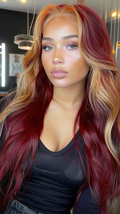 Caramel And Red Hair, Multi Colored Red Hair, Multicolor Highlights For Dark Hair, Celebrity Red Hair, Black Woman Colored Hair, Red Hair Fall 2024, Hair Styles For Red Hair, Hair Color For Medium Length Hair, Ginger Hair With Layers