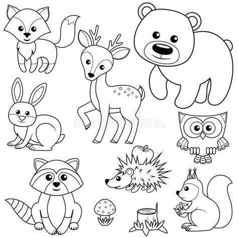 Forest animals. Fox, bear, raccon, hare, deer, owl, hedgehog, squirrel, agaric and tree stump. Black and white vector illustration royalty free illustration Forest Coloring Pages, Animals Coloring Pages, Animals Coloring, Wood Animal, Animal Coloring Books, Animal Coloring, Animal Books, Cute Coloring Pages, Animal Clipart