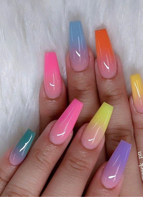 Uñas Coffin Rainbow Nails, Nail Magic, Wave Nails, Unghie Sfumate, Acrylic Ideas, Ombre Acrylic Nails, Colorful Nails, Cute Acrylic Nail Designs, Blue Nail