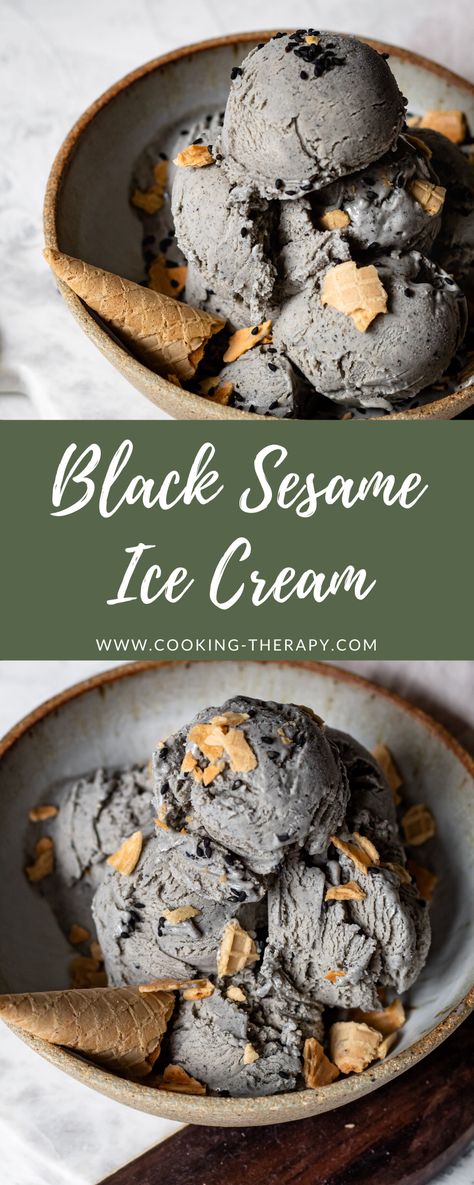 Sesame Ice Cream Recipe, Japanese Ice Cream Recipes, Black Sesame Ice Cream Recipe, I've Cream Recipes, Asian Ice Cream Flavors, Savory Ice Cream, Black Sesame Recipes, Asian Ice Cream, Sesame Dessert