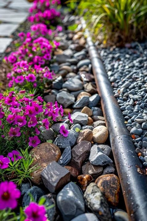 Rocky Charm: Unique Downspout Ideas with Rocks Downspout Extension Ideas, Downspout Runoff Ideas, Gravel Driveway Edging, Downspout Ideas, Decorative Downspouts, Downspout Drainage, Cement Leaves, Splash Blocks, Functional Backyard