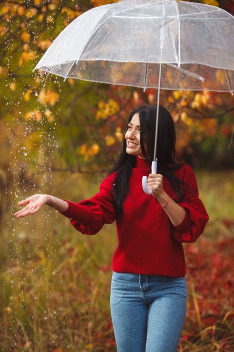 Poses In Rain, Umbrella Photoshoot Ideas, Photoshoot With Umbrella, Photo With Umbrella, Photography In Rain, Person Holding Umbrella, Clear Umbrella Photography, Woman In Rain, Umbrella Pose