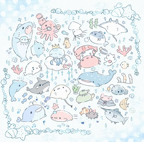 Doodle Art Ocean Theme, Ocean Doodles, Aquarium Drawing, Cartoon Sea Animals, Cartoon Fish, 동화 삽화, Characters Inspiration Drawing, Cute Fish, Cute Doodles Drawings