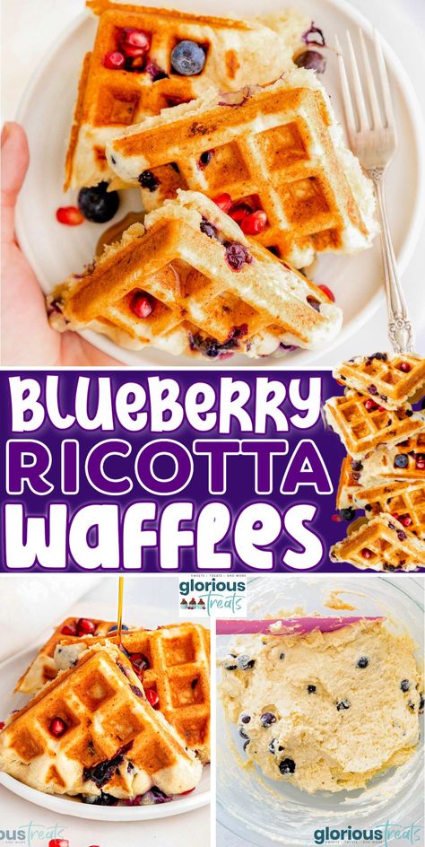 Blueberry Ricotta Waffles Ricotta Waffle Recipe, Ricotta Waffles, Lemon Yogurt Muffins, Blueberry Brie, Stuffed Waffle, Blueberry Ricotta, Lemon Blueberry Bundt Cake, Cheese Waffles, Blueberry Waffles