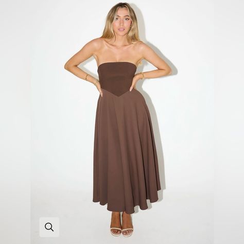 The Ultimate Muse Strapless Midi Dress Brown Odd Muse Dress From London Size Medium New With Tags Originally $195 + Shipping + Import Fees 2024 Dress Trends, Brown Wedding Guest Dress, Casual Fall Dresses, Brown Satin Dress, Destination Wedding Guest Dress, Vietnam Clothes, Odd Muse, Midi Dress Brown, Style Roots