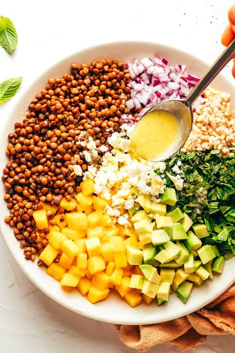 Mango Lentil Salad | Gimme Some Oven Mango Salad Dressing, Lentil Recipes Easy, How To Cook Lentils, Lentil Salad Recipes, Lentils Beans, French Lentils, Clean Eating Lunch, Gimme Some Oven, Mango Salad