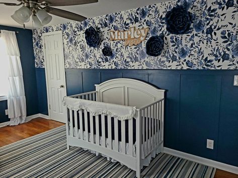 Navy floral baby girl nursery Navy Baby Girl Nursery, Navy Blue Nursery Girl, Dark Blue Nursery Ideas, Navy And Pink Nursery, Navy Girl Nursery, Blue Girl Nursery, Blue Floral Nursery, Triplets Nursery, Blue Nursery Girl