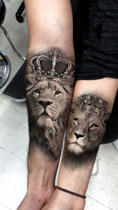 Couples Lion Tattoo, Lion And Lioness Tattoo, Crown Tattoo Men, Lioness Tattoo Design, Lion Shoulder Tattoo, Lioness Tattoo, Lion Tattoo Sleeves, Mens Lion Tattoo, Crown Tattoo Design