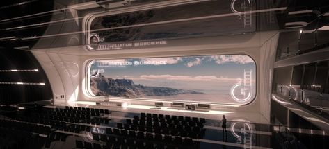 Conference hall at Mars colony by Tarik Keskin Scifi Environment, Futuristic Interior Design, Scifi Interior, Futuristic Space, Sci Fi Architecture, Spaceship Interior, Conference Hall, Sci Fi Environment, Futuristic Interior