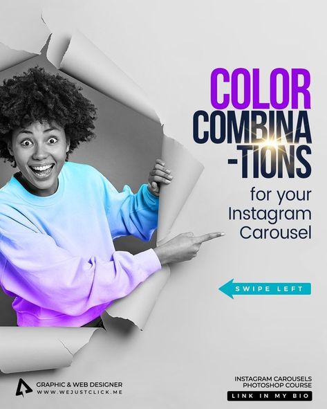 Are you searching for your branding colors ? here are few suggestions for you ( inspired from webflow )

- Learn how to design your Instagram carousel in photoshop. Check out my course - Link in my bio

#colorcombination
#colorcombinations
#photoshoptutorial
#photoshoptutorials
#wejustclick Carousel Cover Design, Carousel Design Instagram, Creative Carousel Design, Creative Poster Design Ideas Graphic Designers, Instagram Carousel Design Ideas, Carousel Design Ideas, Course Poster Design, Instagram Carousel Design, Course Poster