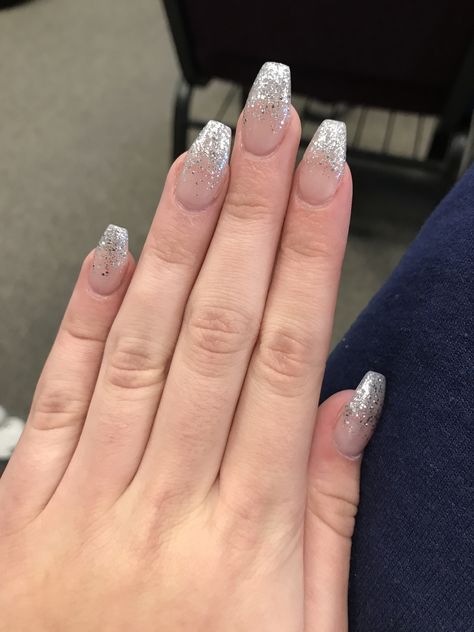 Formal Silver Nails, Silver Sparkle Nails Coffin, Silver Nails For Hoco, Simple Silver Prom Nails, Nails To Go With A Silver Dress, Classy Nails Silver, Sparky Silver Nails, Silver Neutral Nails, Nails That Match Silver Dress