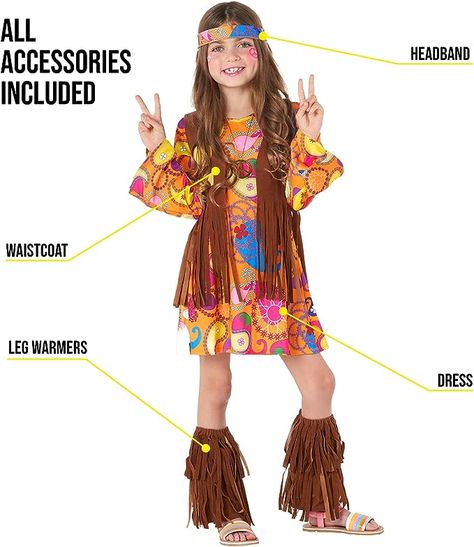 Girls Halloween Hippie Costume Kids 70s Costume, Hippie Costume Kids, 60s Fashion Dresses, 70s Costume, Hippie Halloween, Costume For Girls, Kids Costumes Girls, Costumes Kids, Hippie Dress